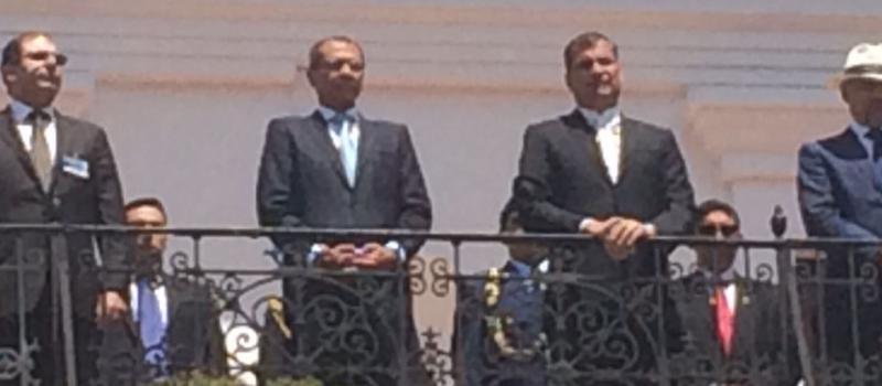 Henry Kronfle, Jorge Glas, Rafael Correa y Richard Espinosa durante el cambio de guardia de este 2 de marzo. Foto: Alfredo Lagla/ El Comercio