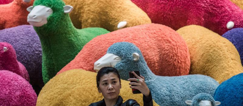 Una mujer se toma una foto en una instalación de ovejas multicolor que aparece en un centro comercial  en Hong Kong. Foto:  AFP