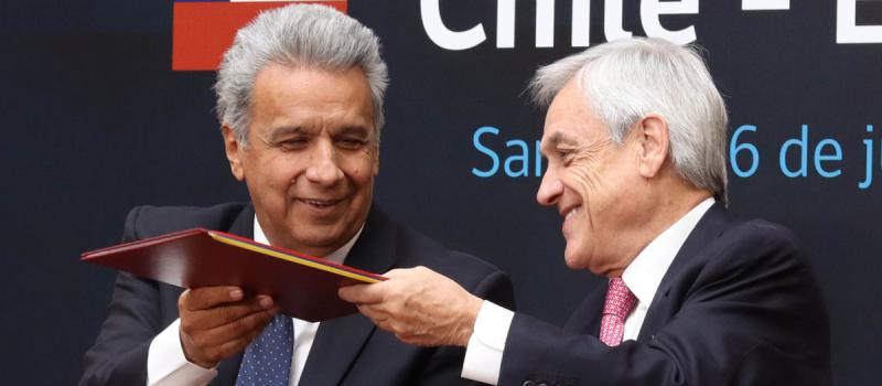 Los presidentes de Ecuador y de Chile, Lenín Moreno y Sebastián Piñera, acordaron el pasado 6 de junio avanzar formalmente en la negociación de un tratado de libre comercio. Foto: Presidencia de la República