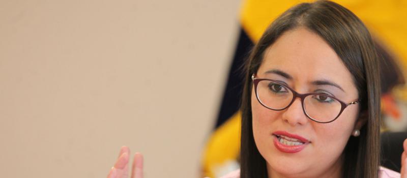 La gerente del Banco central del Ecuador (BCE), Verónica Artola, habla de los procesos para operativizar la Ley de Defensa de la Dolarización. Fuente: Julio Estrella / LÍDERES.