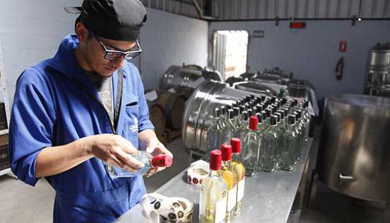 El etiquetado todavía se hace de forma manual. En la imagen, se observa a un trabajador colocando las etiquetas en las botellas de reposado.