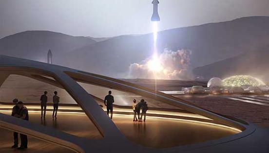 Este es un render de lo que sería un futuro terminal espacial realizado para SpaceX. Foto: SpaceX