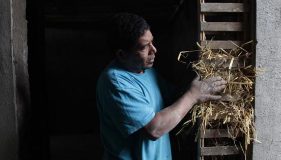 Francisco Quinteros, encargado de obra en una vivienda elaborada con fardos de paja de trigo, ubicada en el valle de Los Chillos, en Quito.
