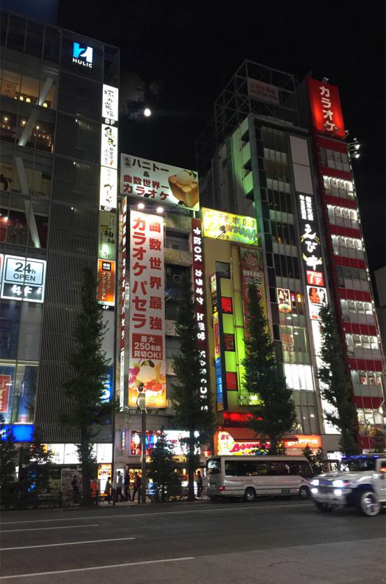 En Akihabara, un barrio de Tokio, letreros iluminados cubren gran parte de los edificios, donde funcionan los negocios.